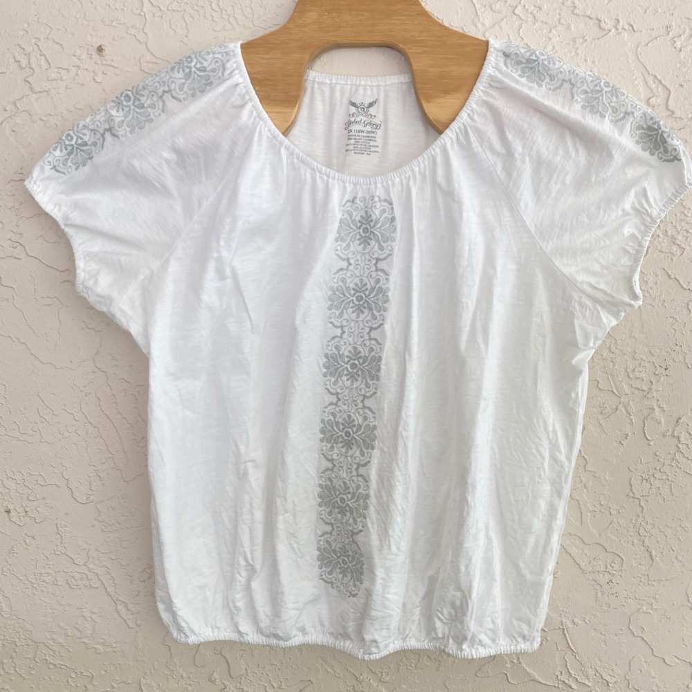 Peasant Cottagecore Top Womens 2X White Floral Graphic Short Sleeve Faded Glory
